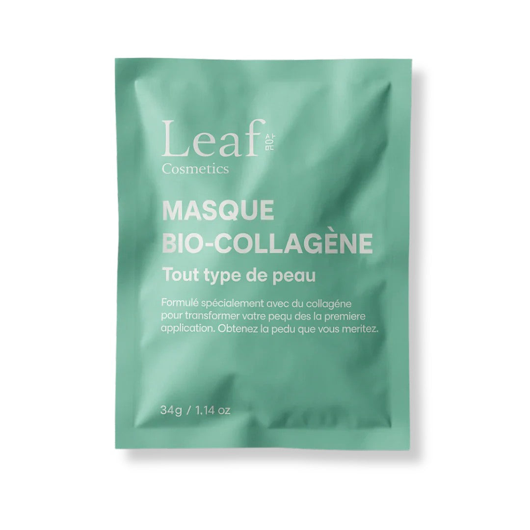 Sobre de la mascarilla bio-colágeno de 34 g sobre fondo blanco