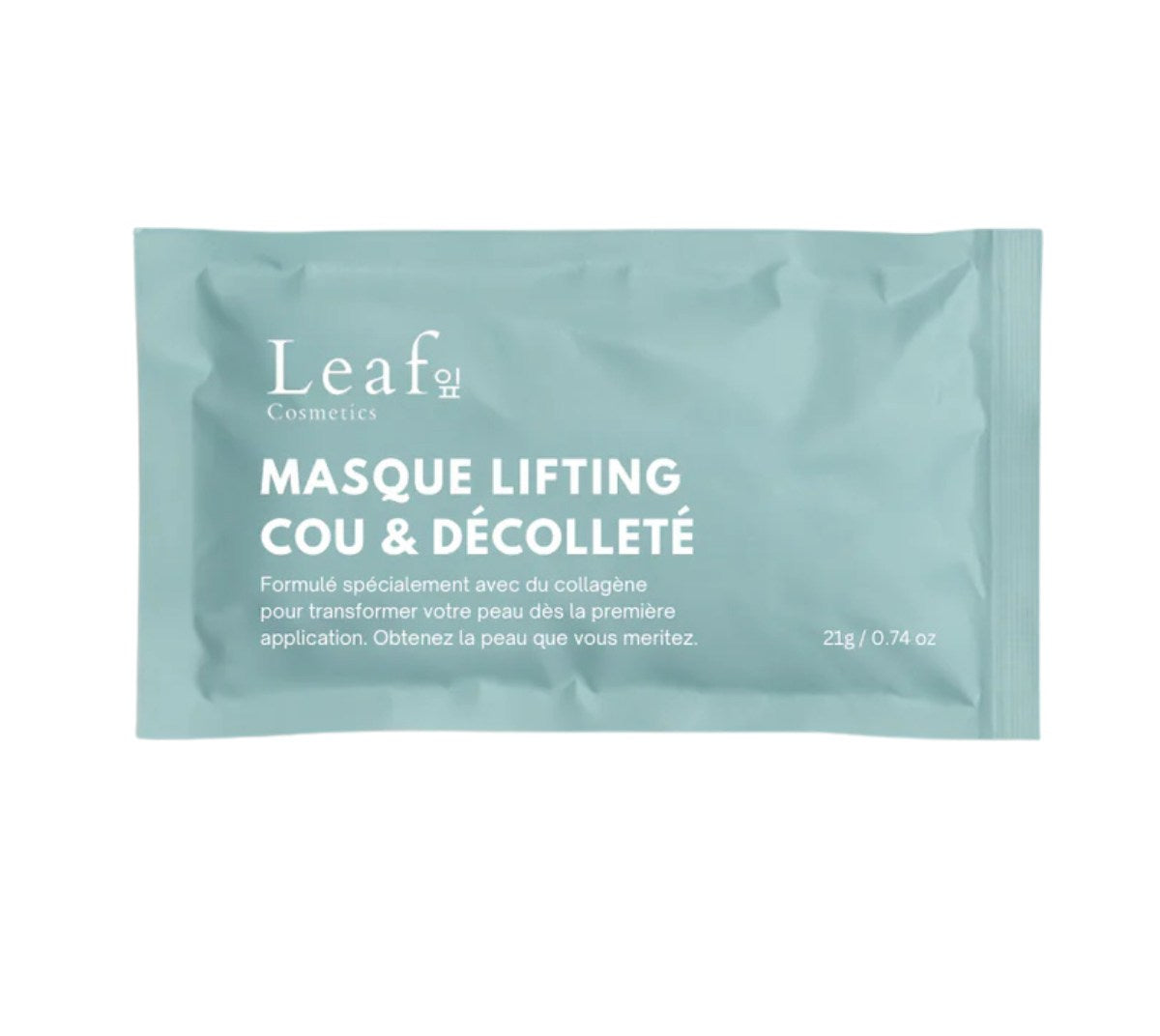 Sobre de la mascarilla lifting para cuello y escote de 21 g sobre fondo blanco